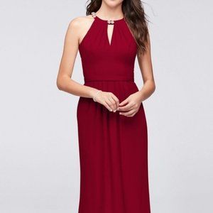 David's Bridal - Crepe Halter Bridesmaid Dress w/Beaded Neckline
